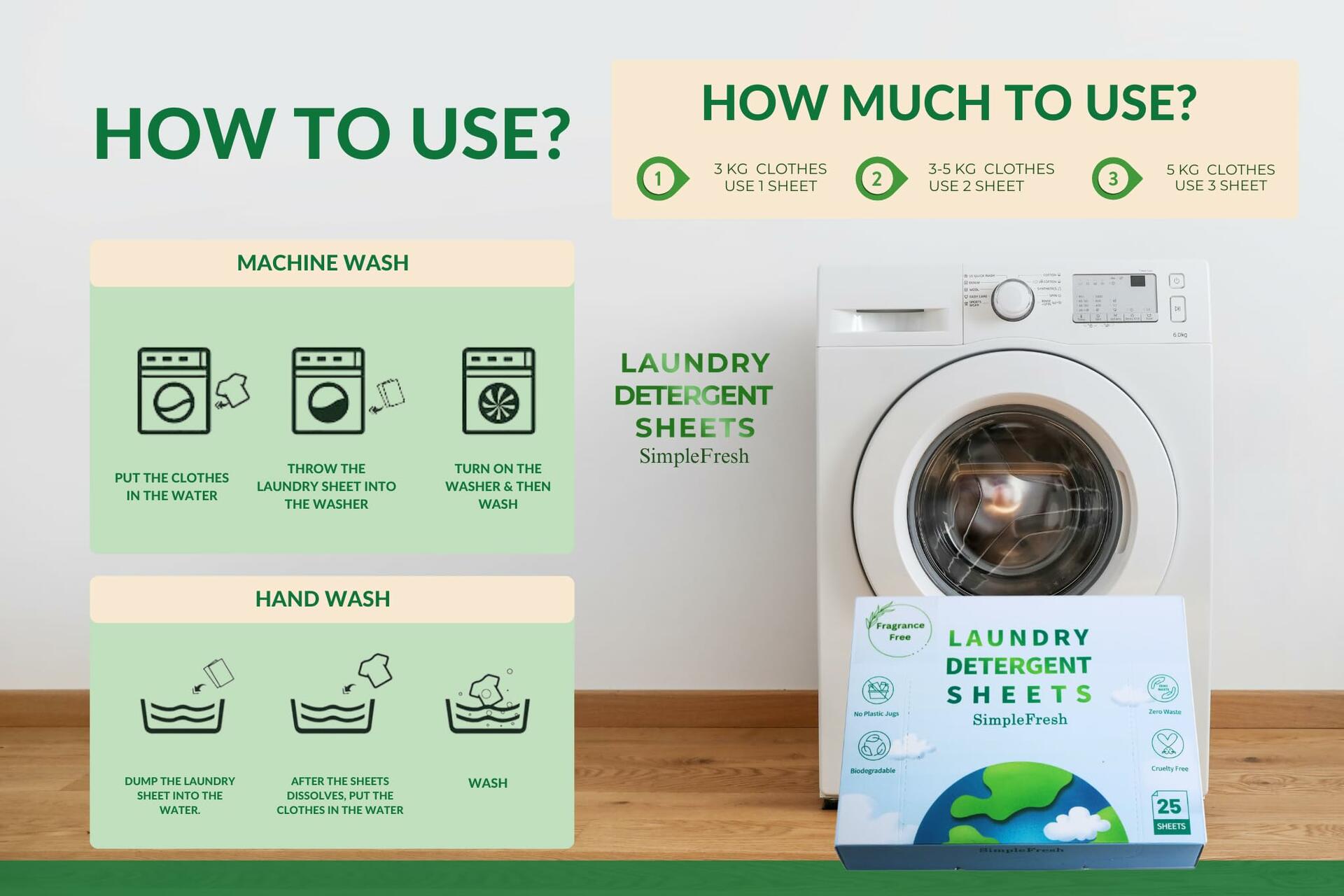 Laundry detergent sheets package with how to use instructions beside washing machine
