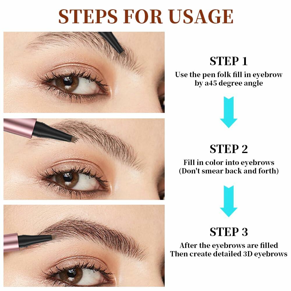 Eyebrow pencil usage showing filled brows and 45-degree applicator angle