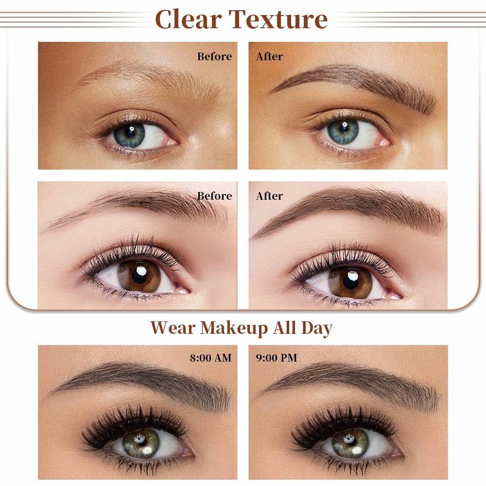 Defined dark brown eyebrow texture, filled brows with pencil detailing