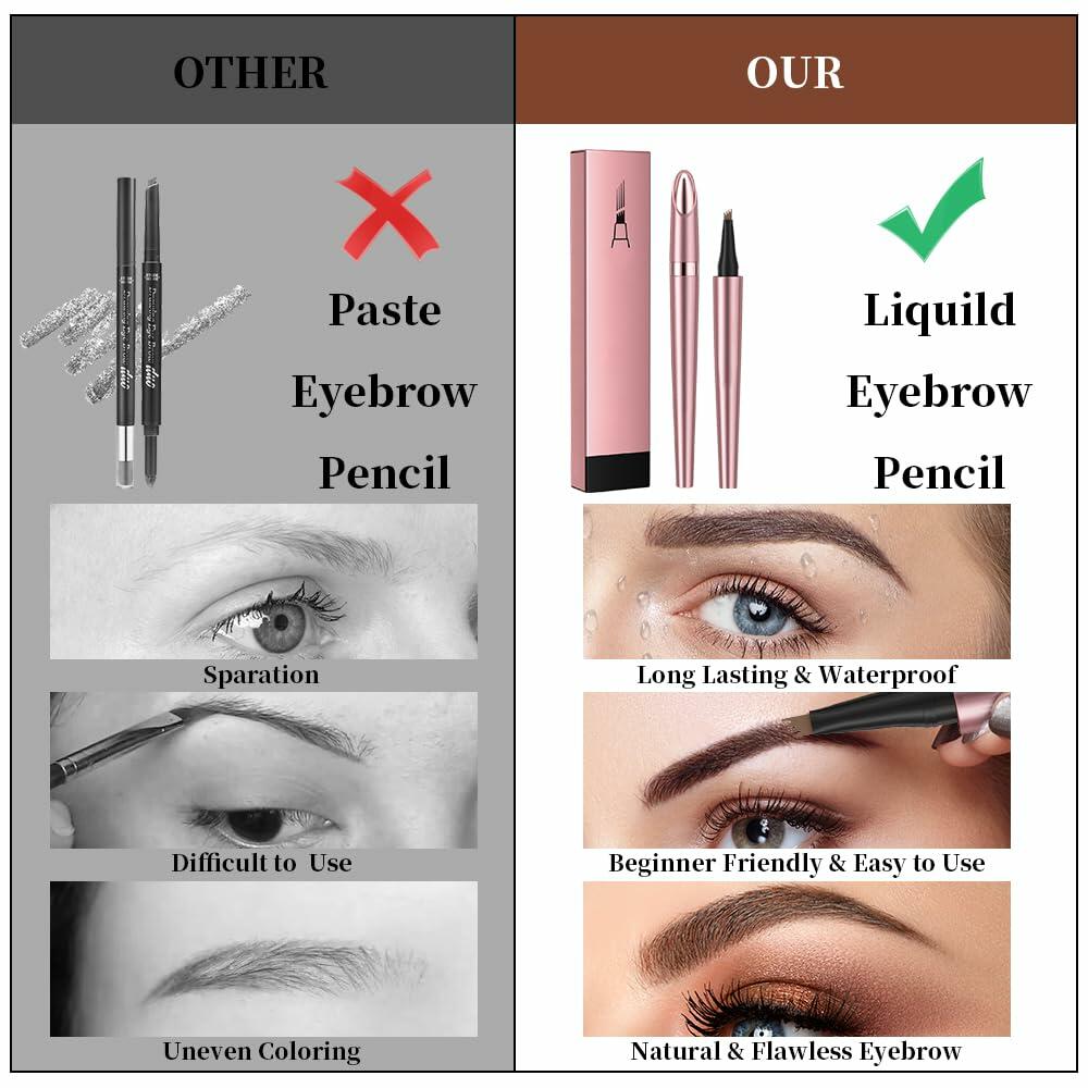 Waterproof liquid eyebrow pencil with spoolie applicator and filled brows