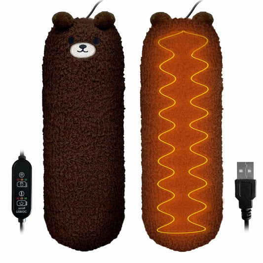 Brown plush bear USB heating pad with glowing wavy heat panel and power cord