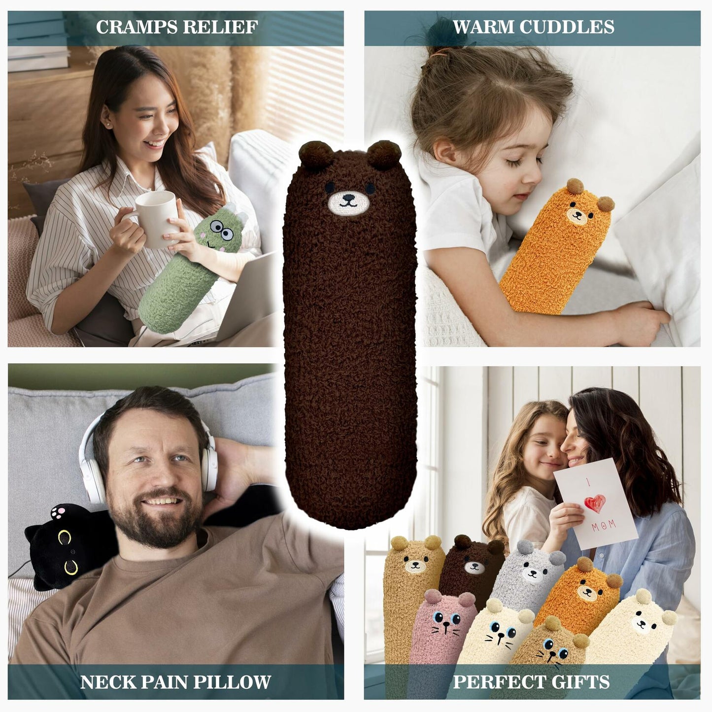 Cute plush bear heating pad shown in warm-use scenes, with brown and orange styles