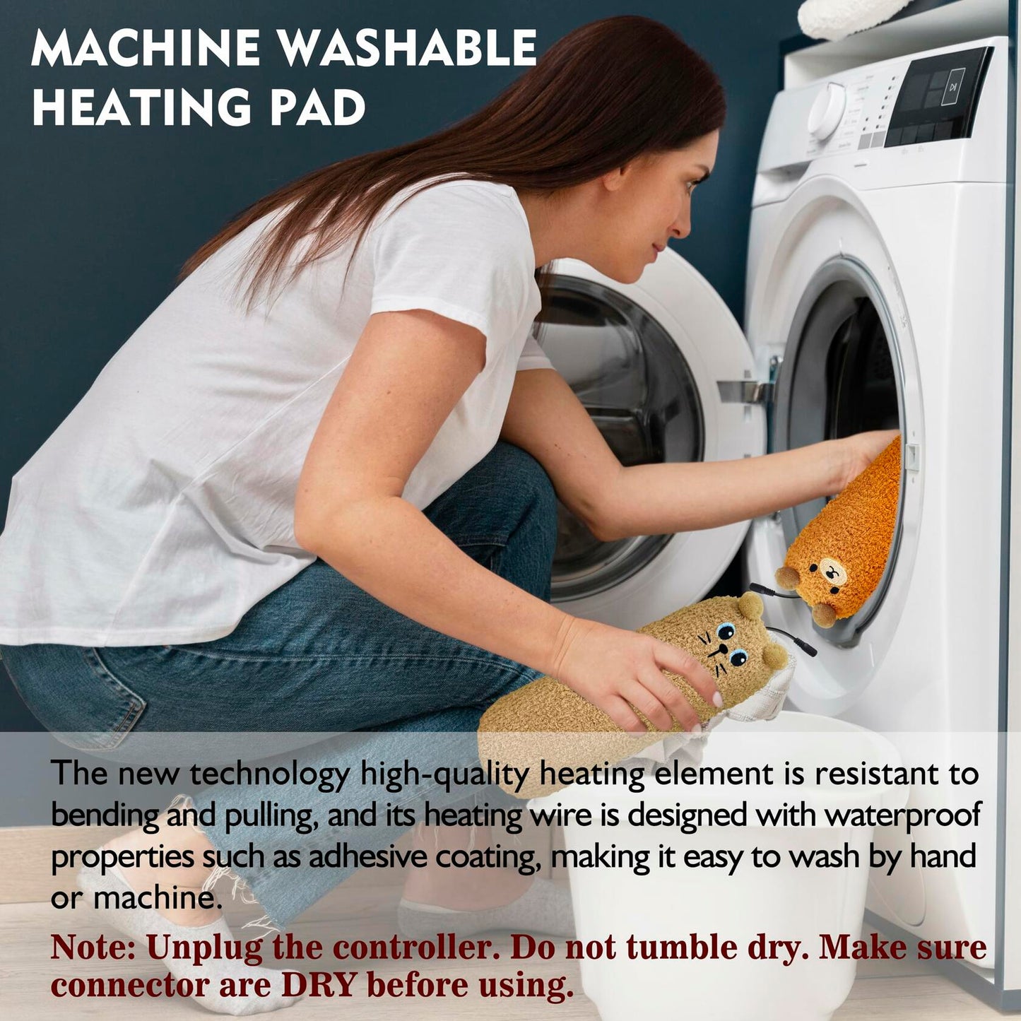 Plush bear heating pad in laundry for machine washing care (controller unplugged)