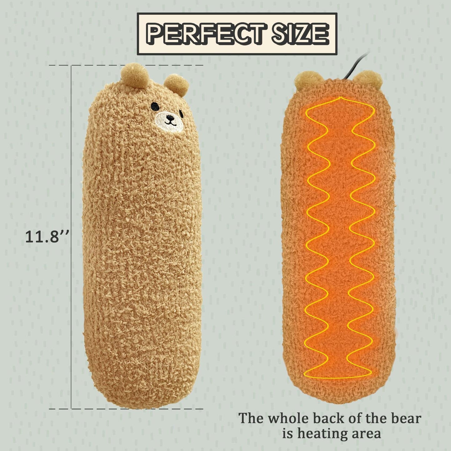 Plush bear heating pad size chart with heating area on beige and orange designs