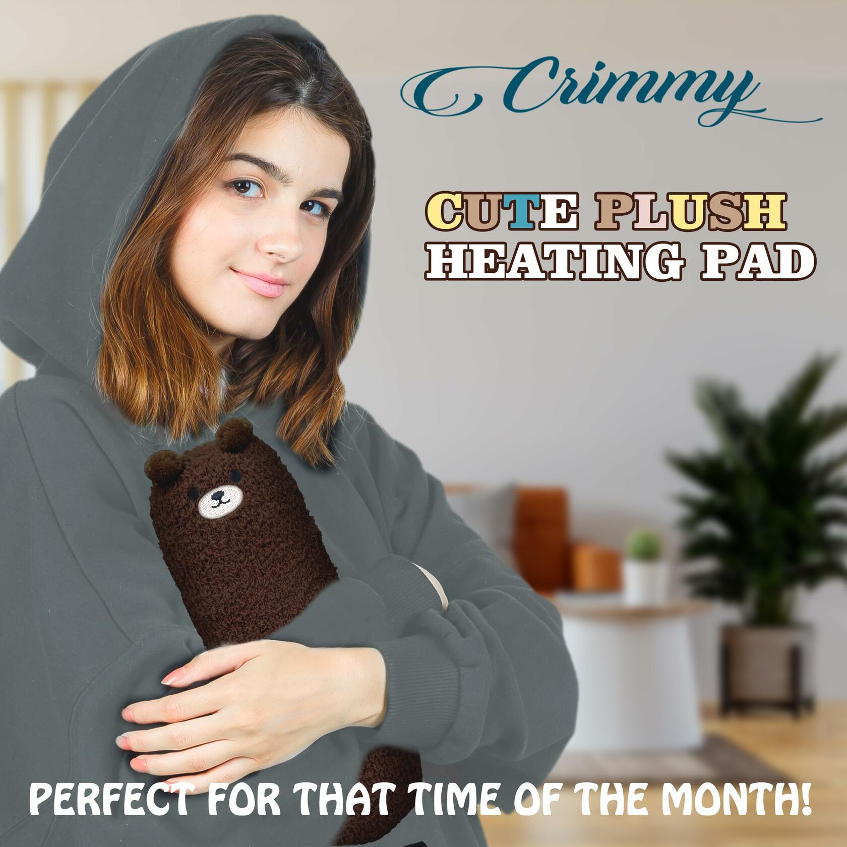 Plush bear USB heating pad tucked against a person for warmth during cramps