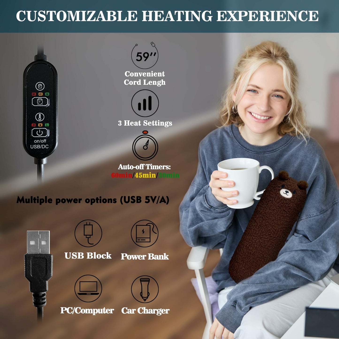 Plush bear USB heating pad with control unit and 3 heat settings shown