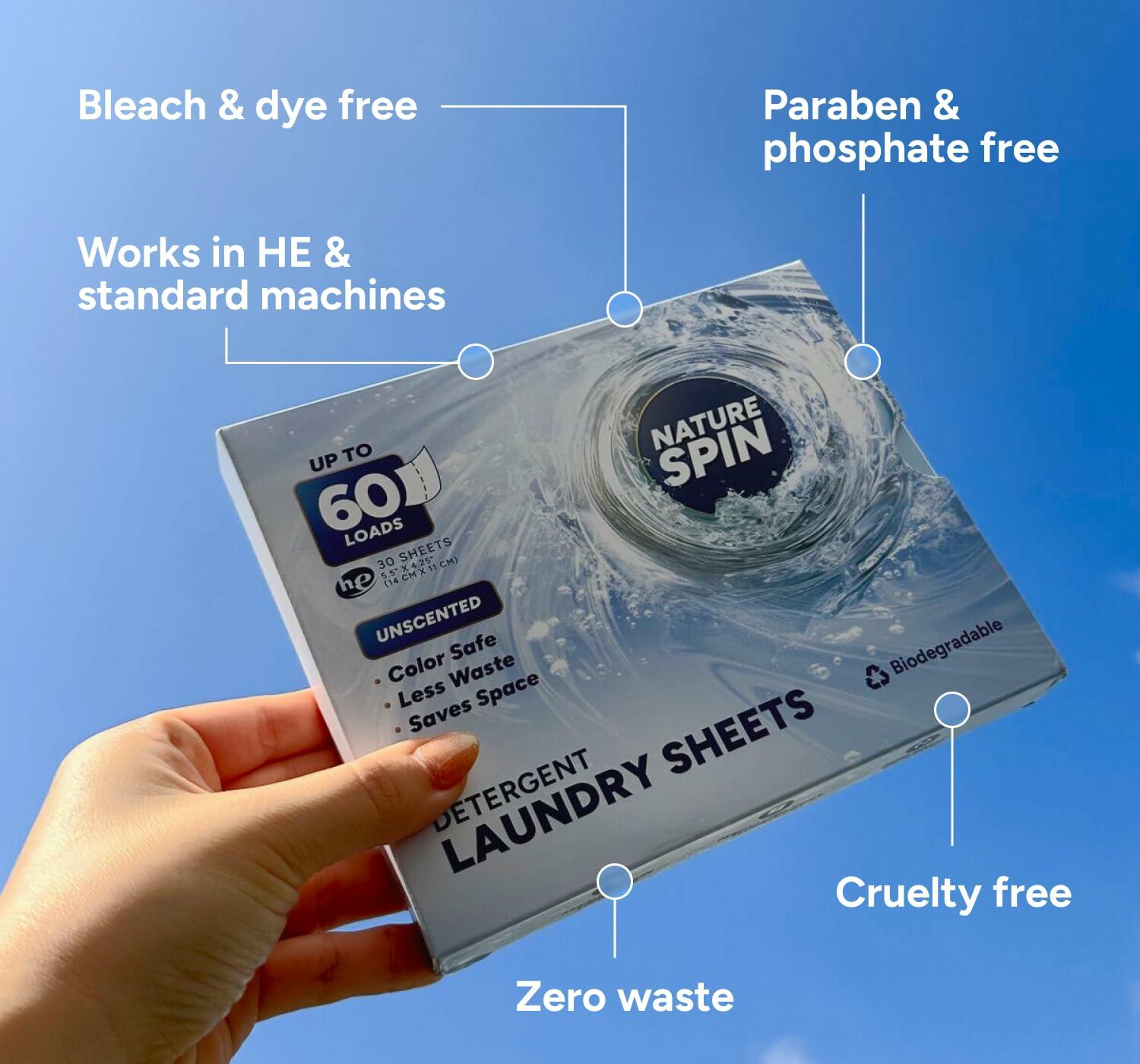 Nature Spin detergent laundry sheets box held in hand, up to 60 loads, unscented