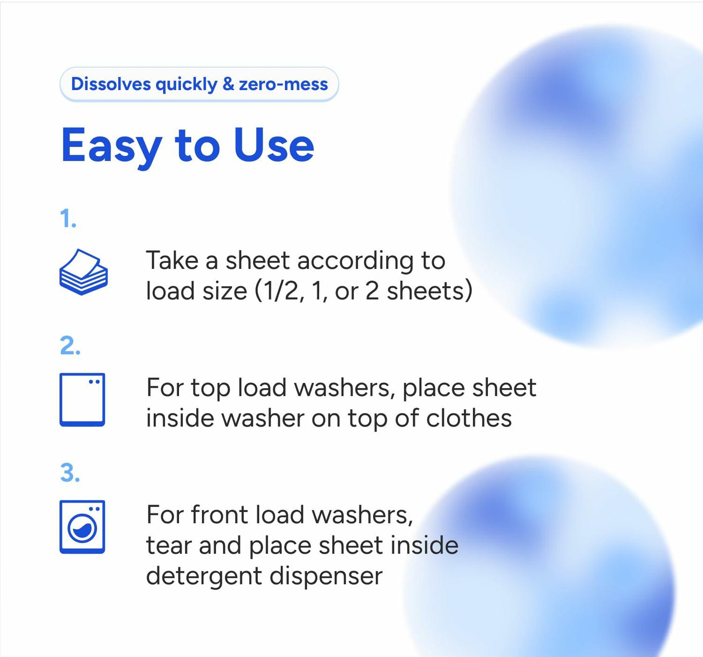 Easy to use laundry detergent sheets instruction panel with numbered steps