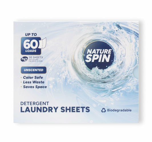 Unscented laundry detergent sheet pack box, Nature Spin, 30 sheets, up to 60 loads
