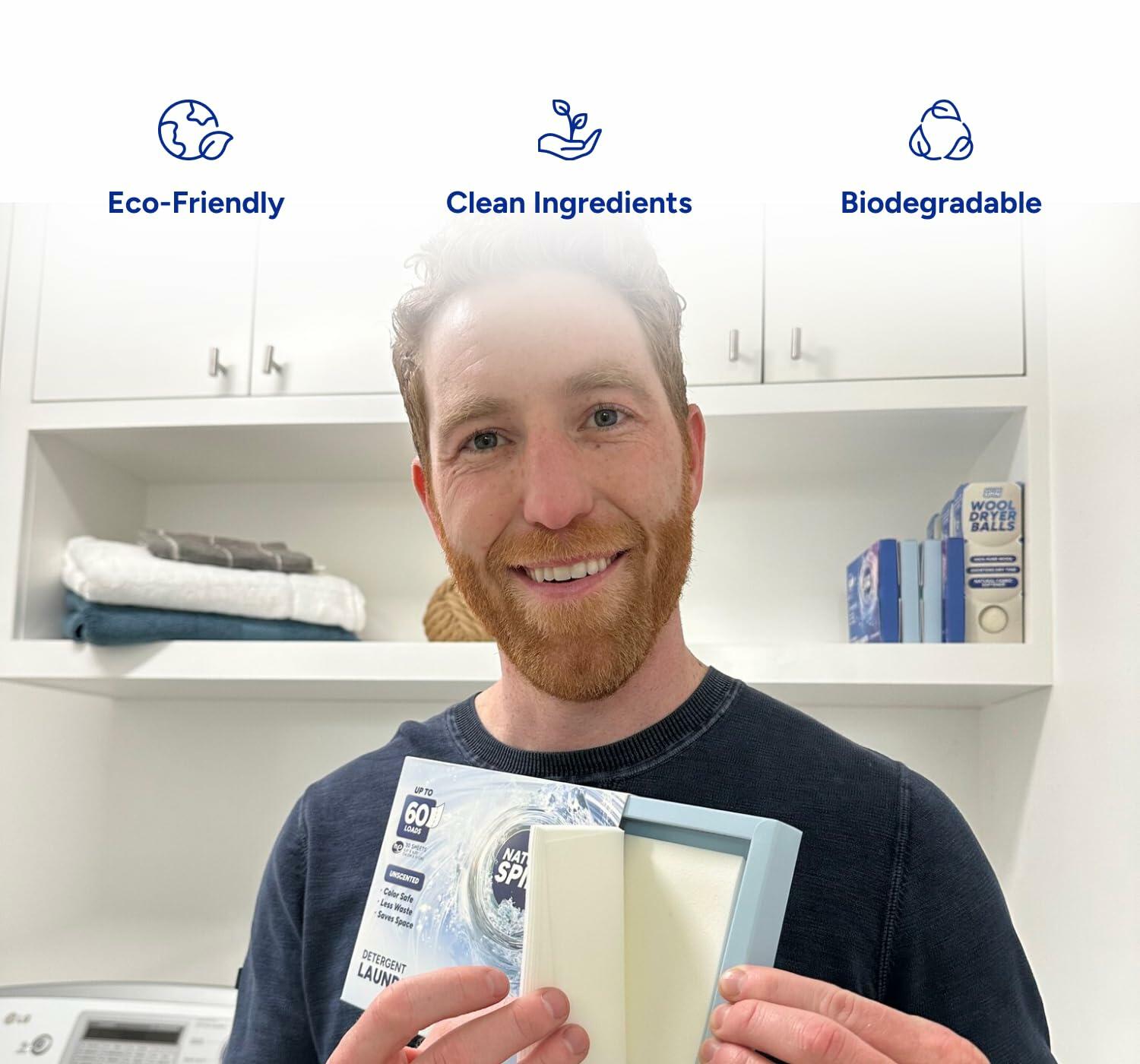 Eco-friendly laundry detergent sheets pack with clean ingredients and biodegradable icons