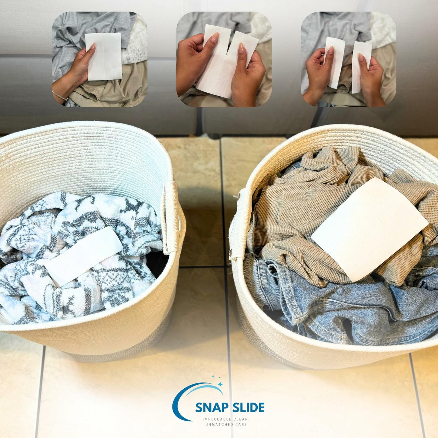 Laundry detergent sheets in two laundry baskets with folded clothes