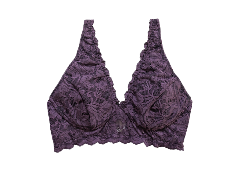 Orchid purple lace wireless bra with V-neck cups and scalloped trim