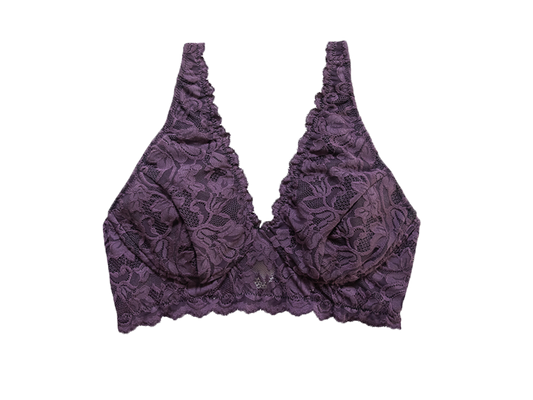 Orchid purple lace wireless bra with V-neck cups and scalloped trim
