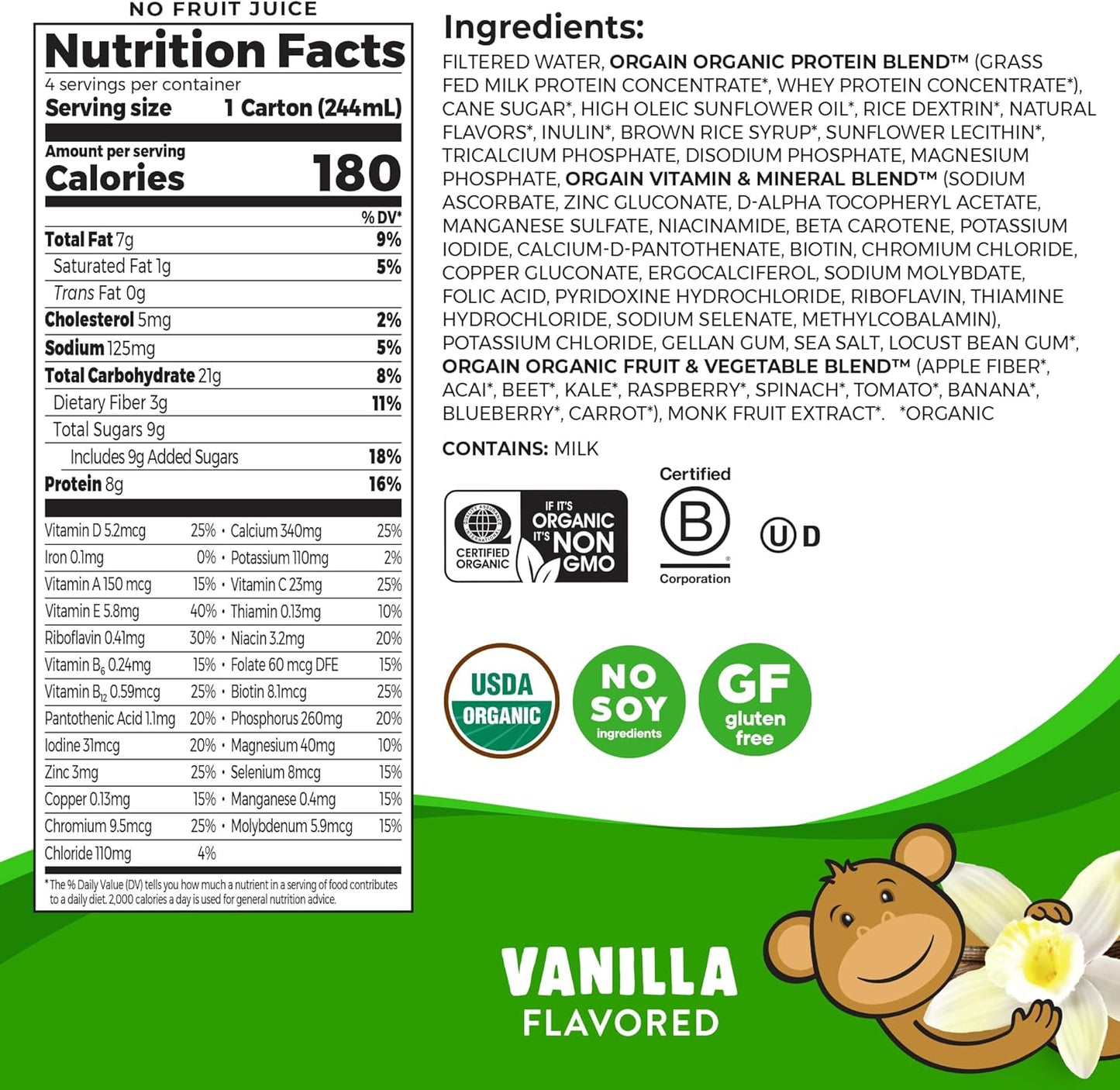 Orgain Kids Protein vanilla nutrition facts panel with ingredients list