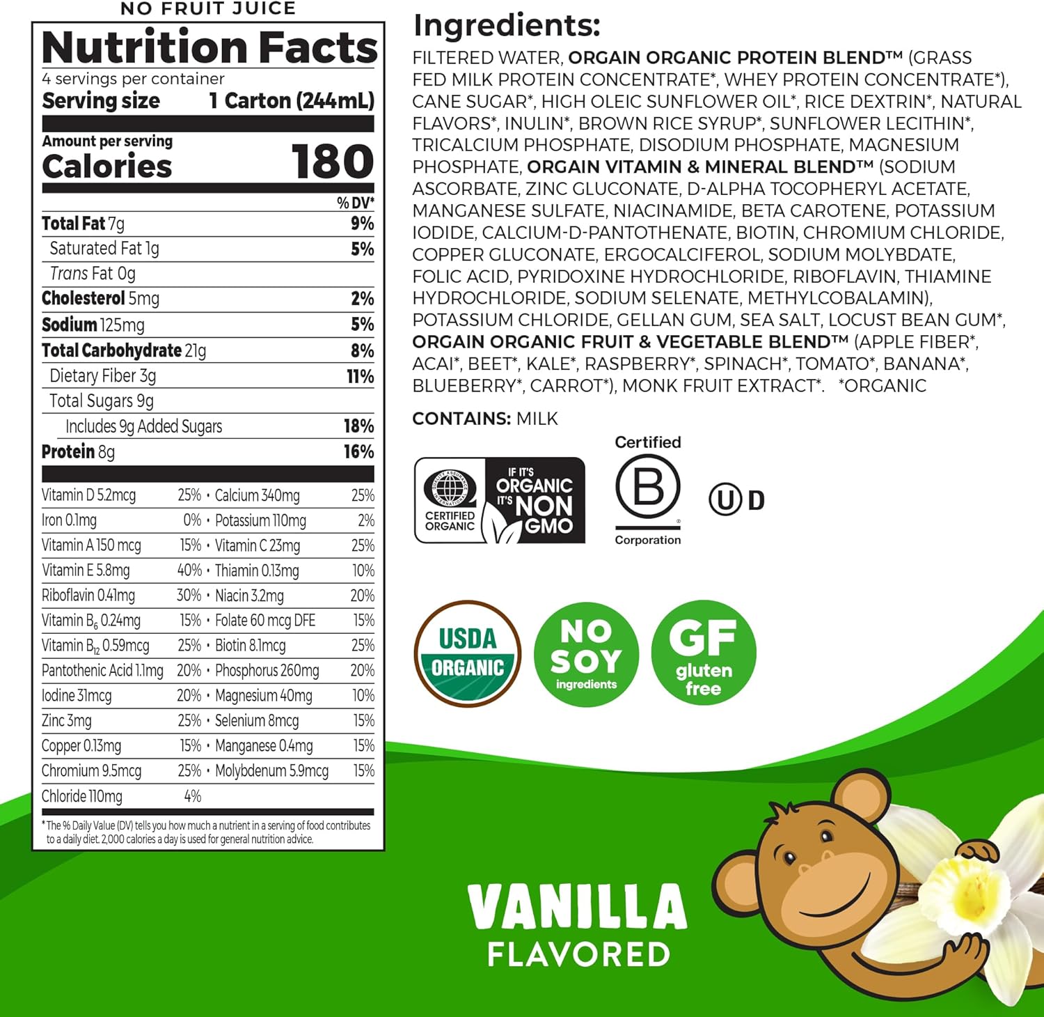Orgain Kids Protein vanilla nutrition facts panel with ingredients list