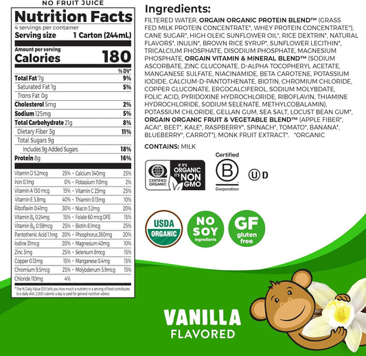 Orgain Kids Protein vanilla nutrition facts panel with ingredients list
