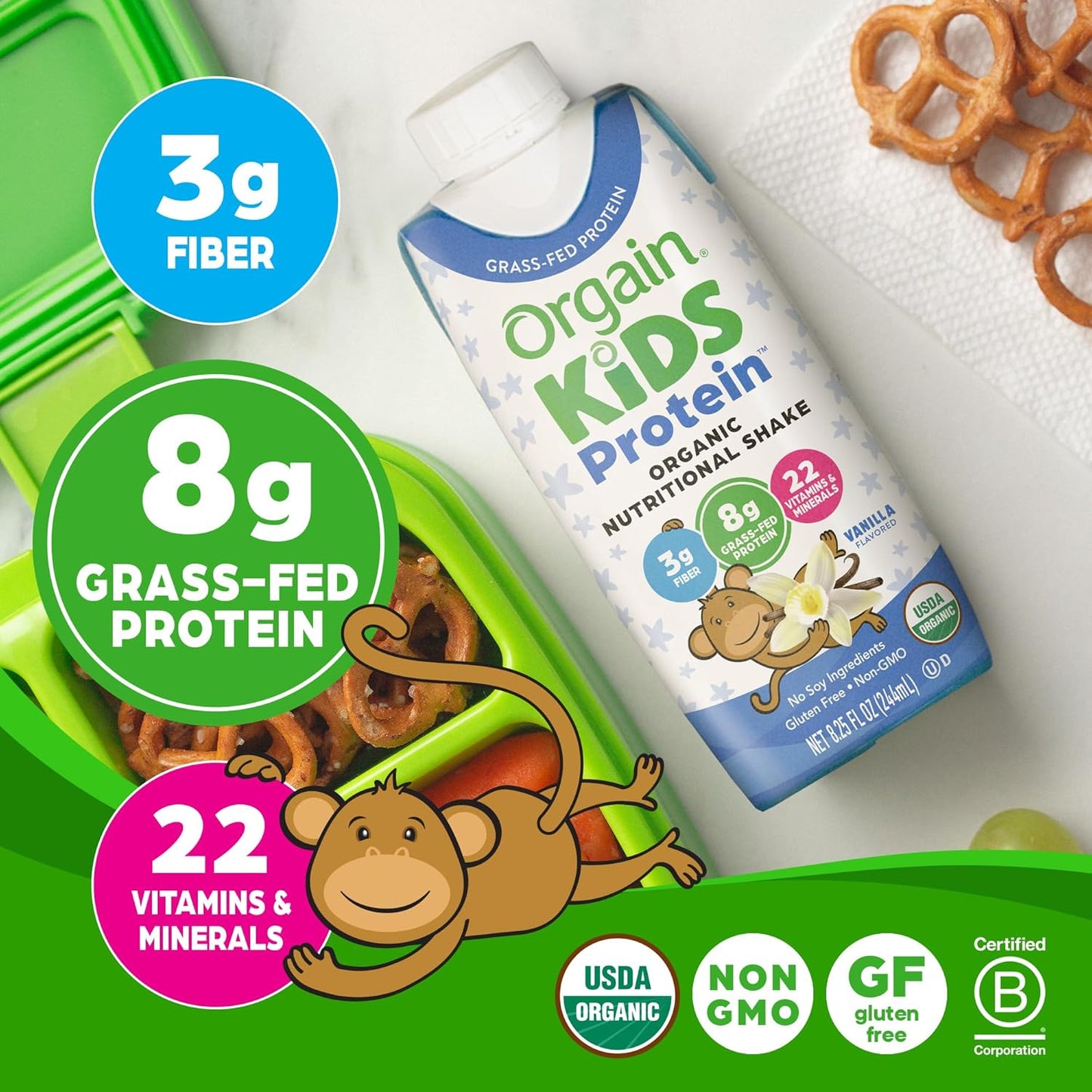 Orgain Kids Protein vanilla carton with 3g fiber, 8g grass-fed protein callouts