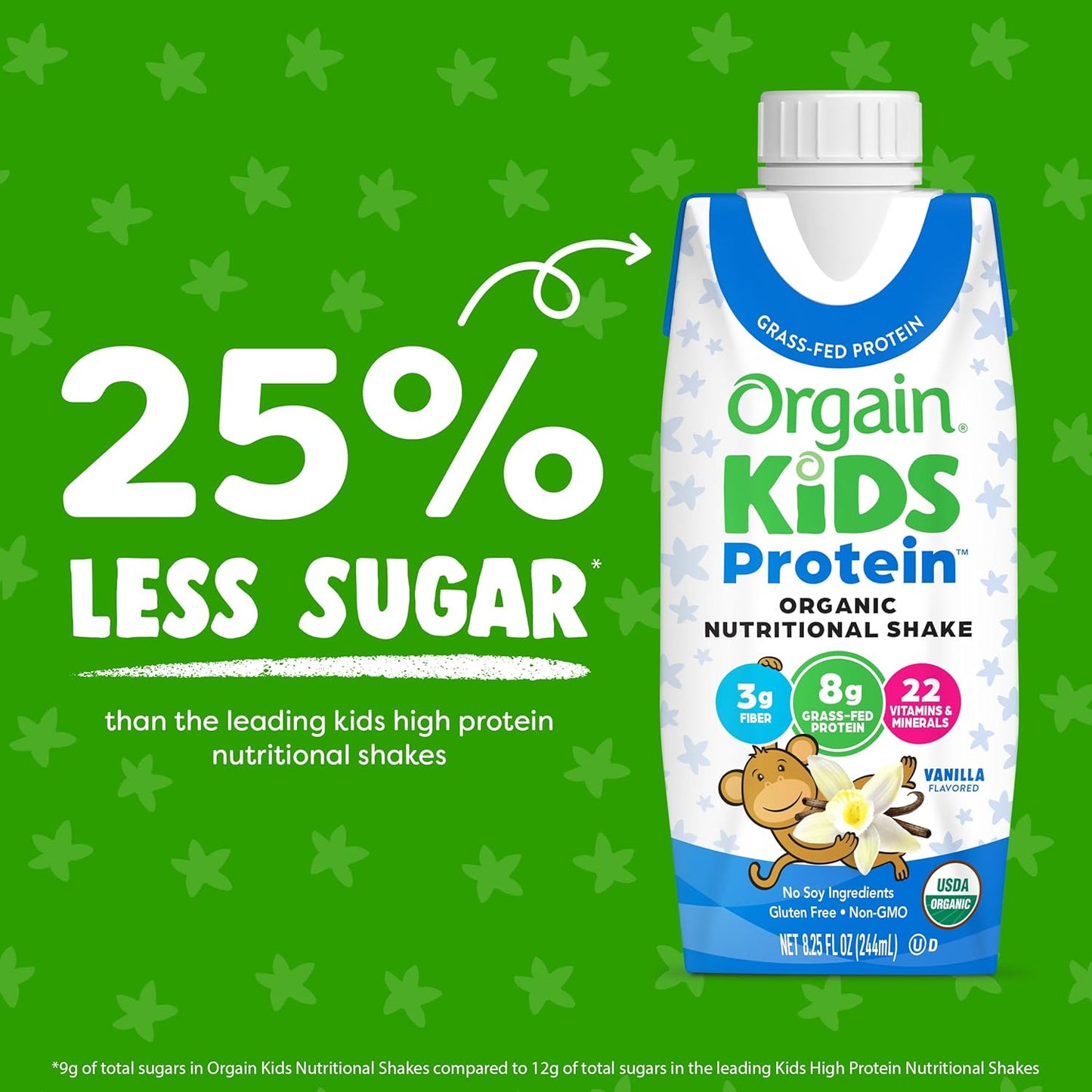 Orgain Kids Protein vanilla carton labeled 25% less sugar