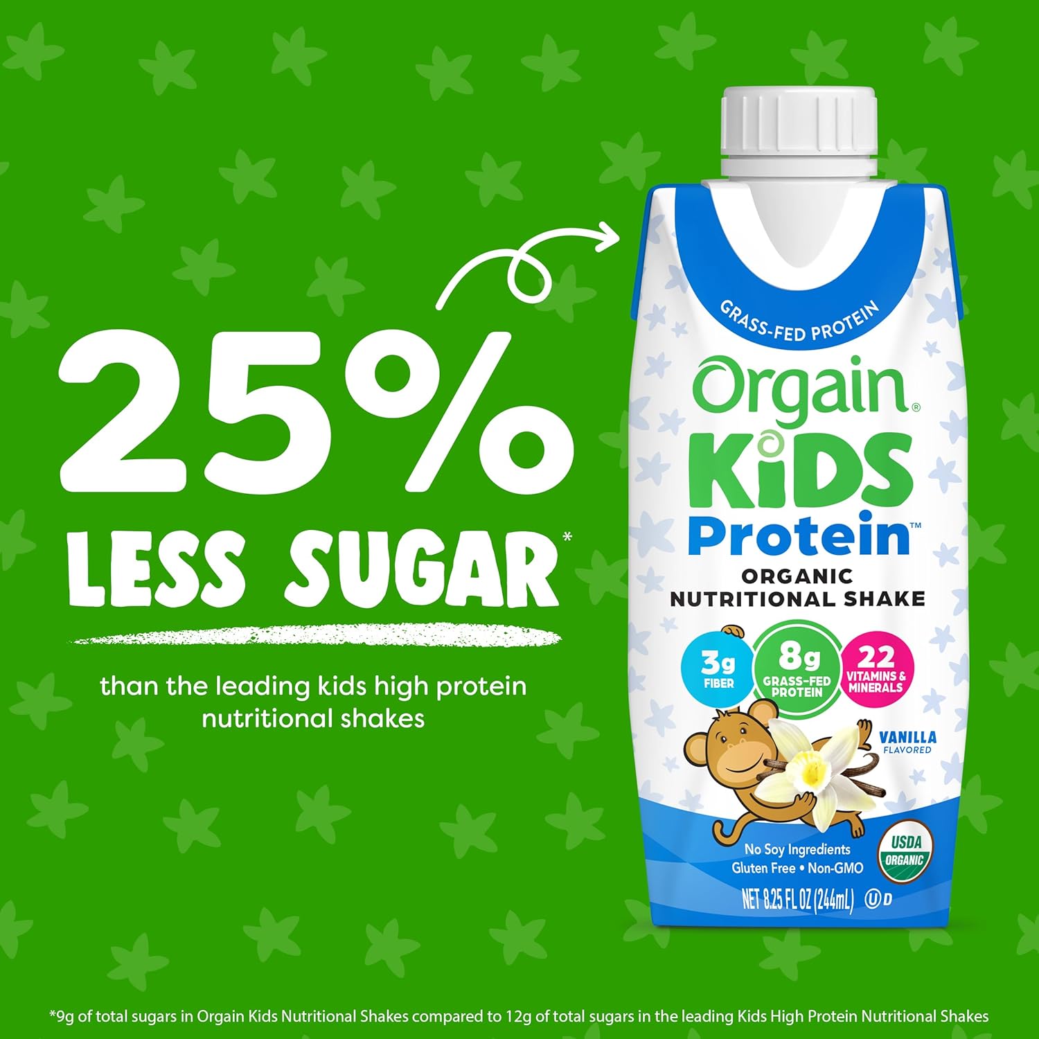 Orgain Kids Protein vanilla carton labeled 25% less sugar