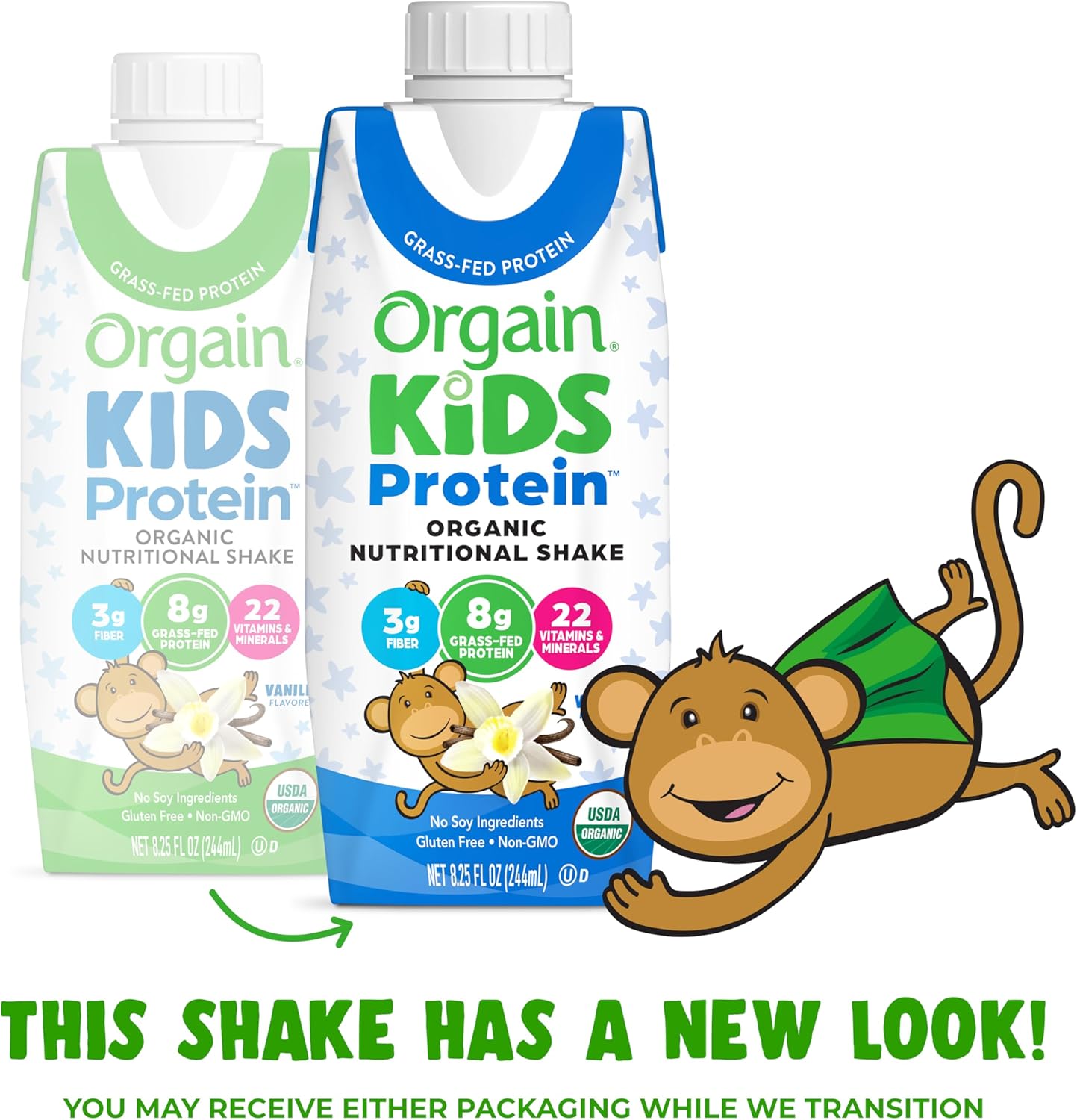Two Orgain Kids Protein organic nutritional shake cartons with happy mascot