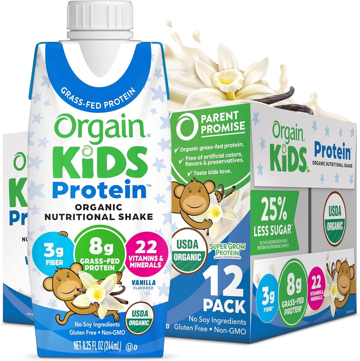 Orgain Kids Protein organic nutritional shake, vanilla, 12-pack cartons with bottle