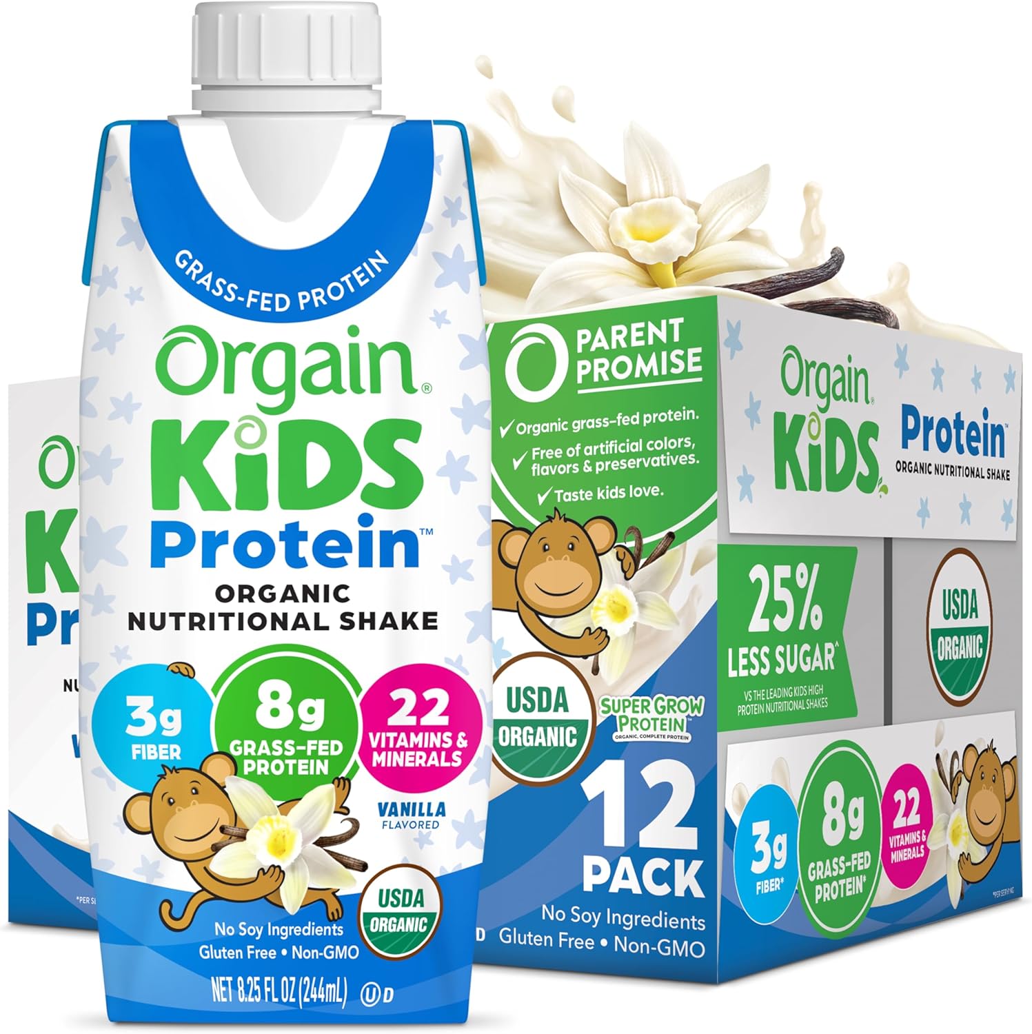 Orgain Kids Protein organic nutritional shake, vanilla, 12-pack cartons with bottle
