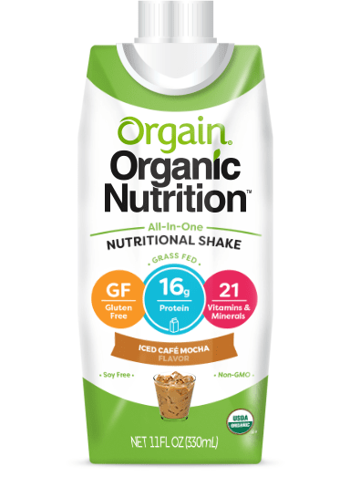 Orgain Organic Nutritional Shake carton, Iced Cafe Mocha flavor, 11 oz