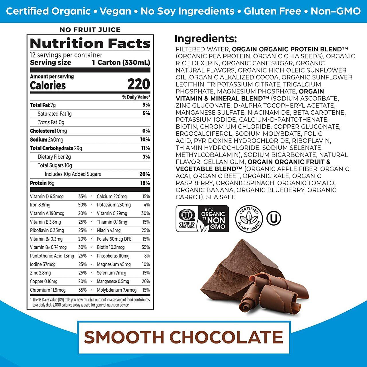 Nutrition Facts panel for organic smooth chocolate shake carton, 12 servings