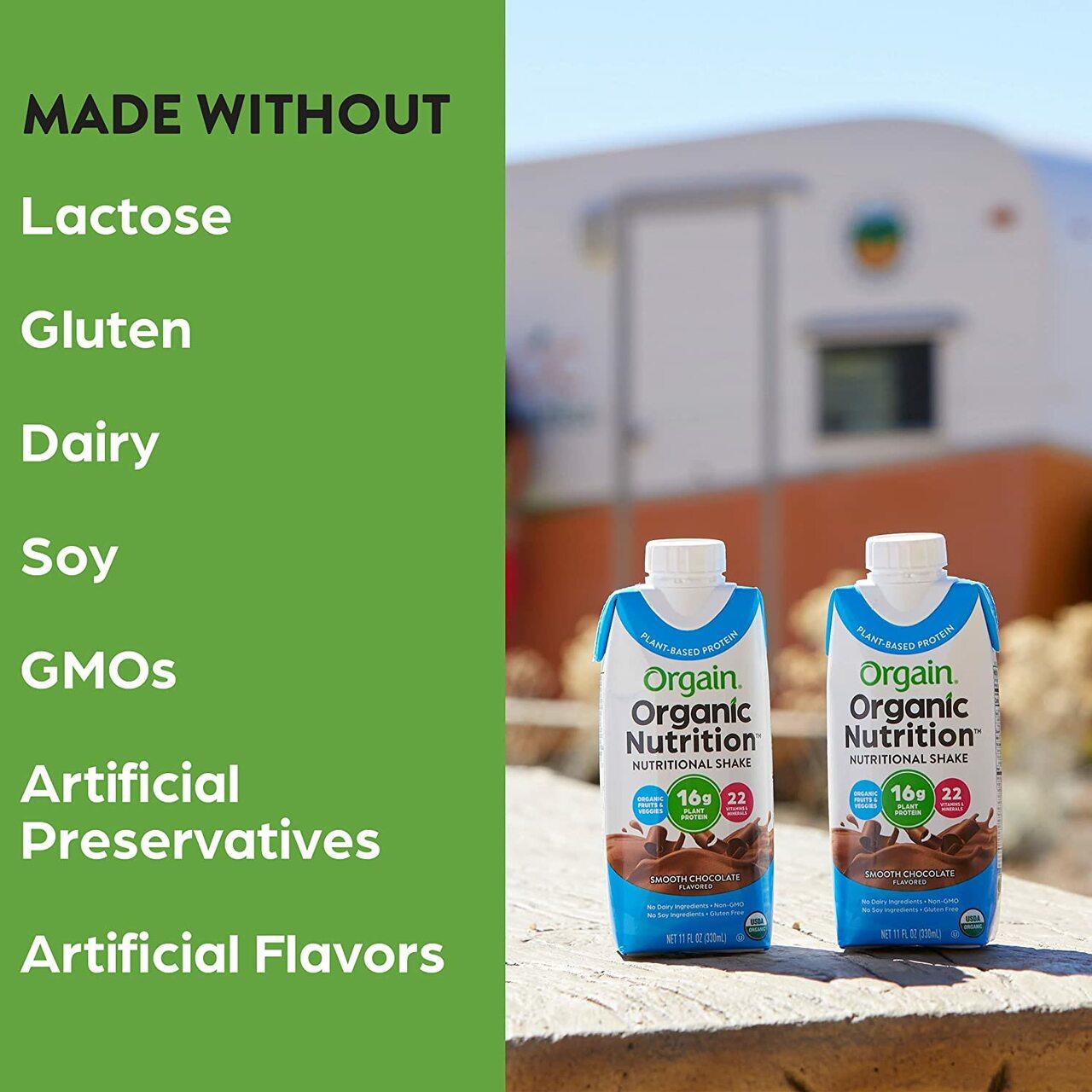 Made without lactose, gluten, dairy, soy, GMOs, artificial preservatives on chocolate shake