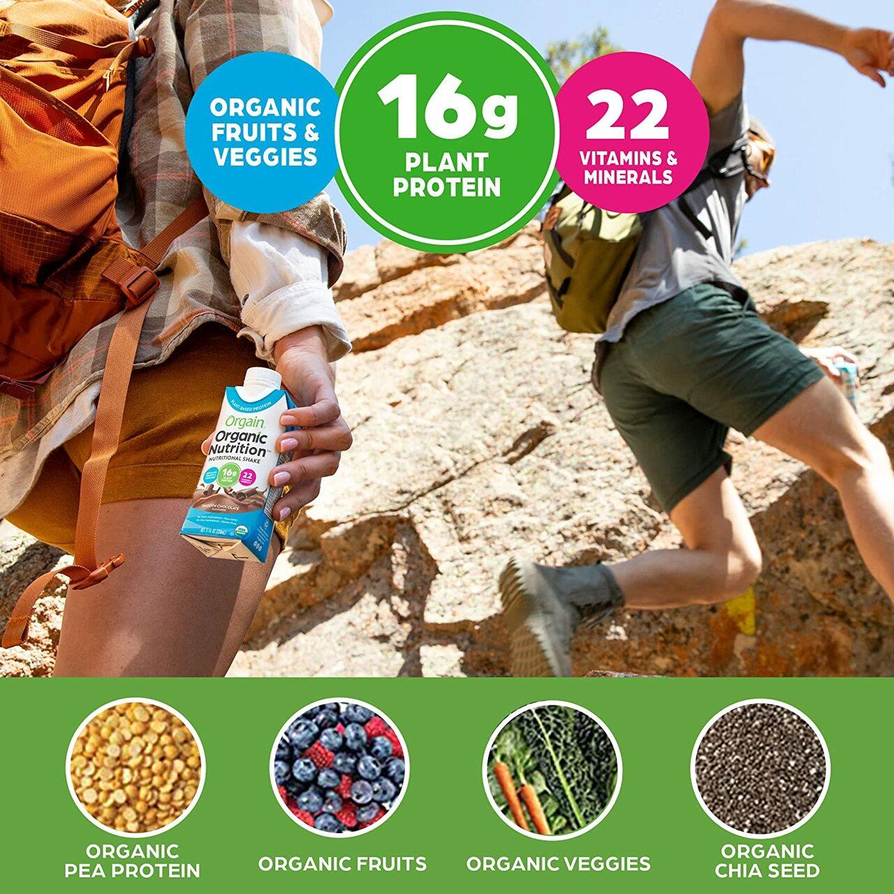 Organic chocolate shake cartons labeled 16g plant protein and 22 vitamins & minerals
