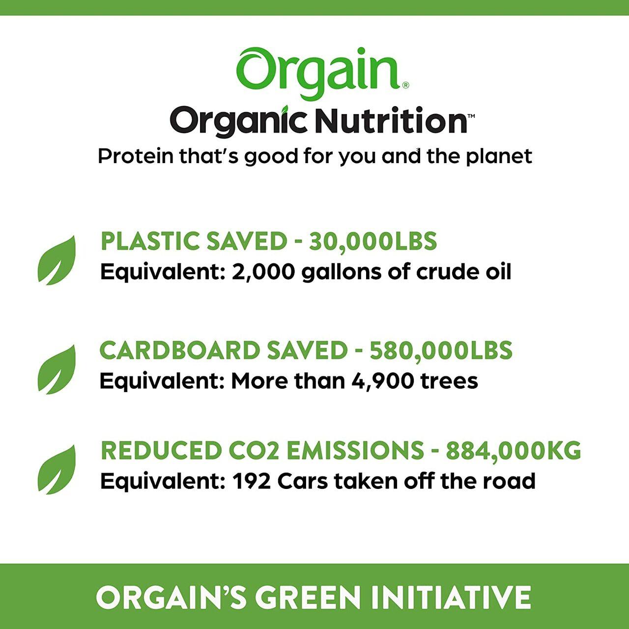 Green initiative info on Organic Nutrition packaging: plastic and cardboard saved