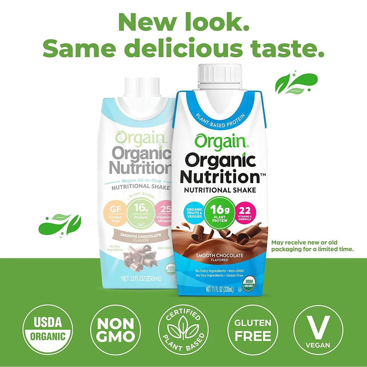 Smooth chocolate organic nutrition shake, two vegan cartons showing 16g protein