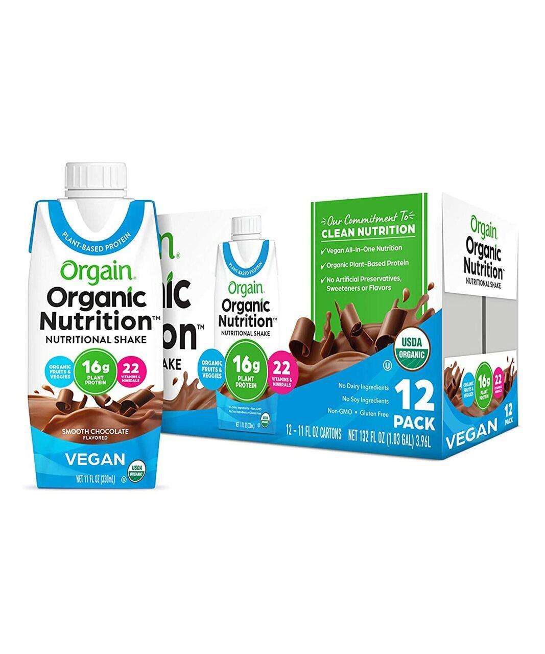 Organic Nutrition smooth chocolate shake 12-pack cartons, vegan plant-based nutrition