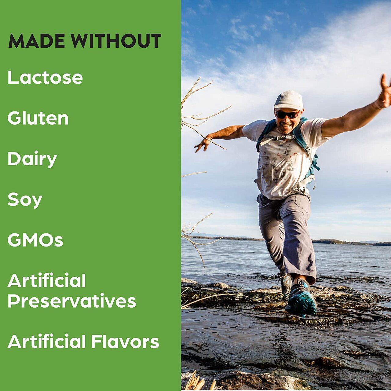 Made without lactose, gluten, dairy, soy, GMOs, artificial preservatives or flavors