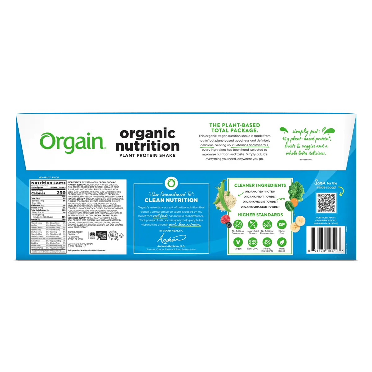 Orgain organic plant nutrition vanilla bean 12-pack, back label panel view
