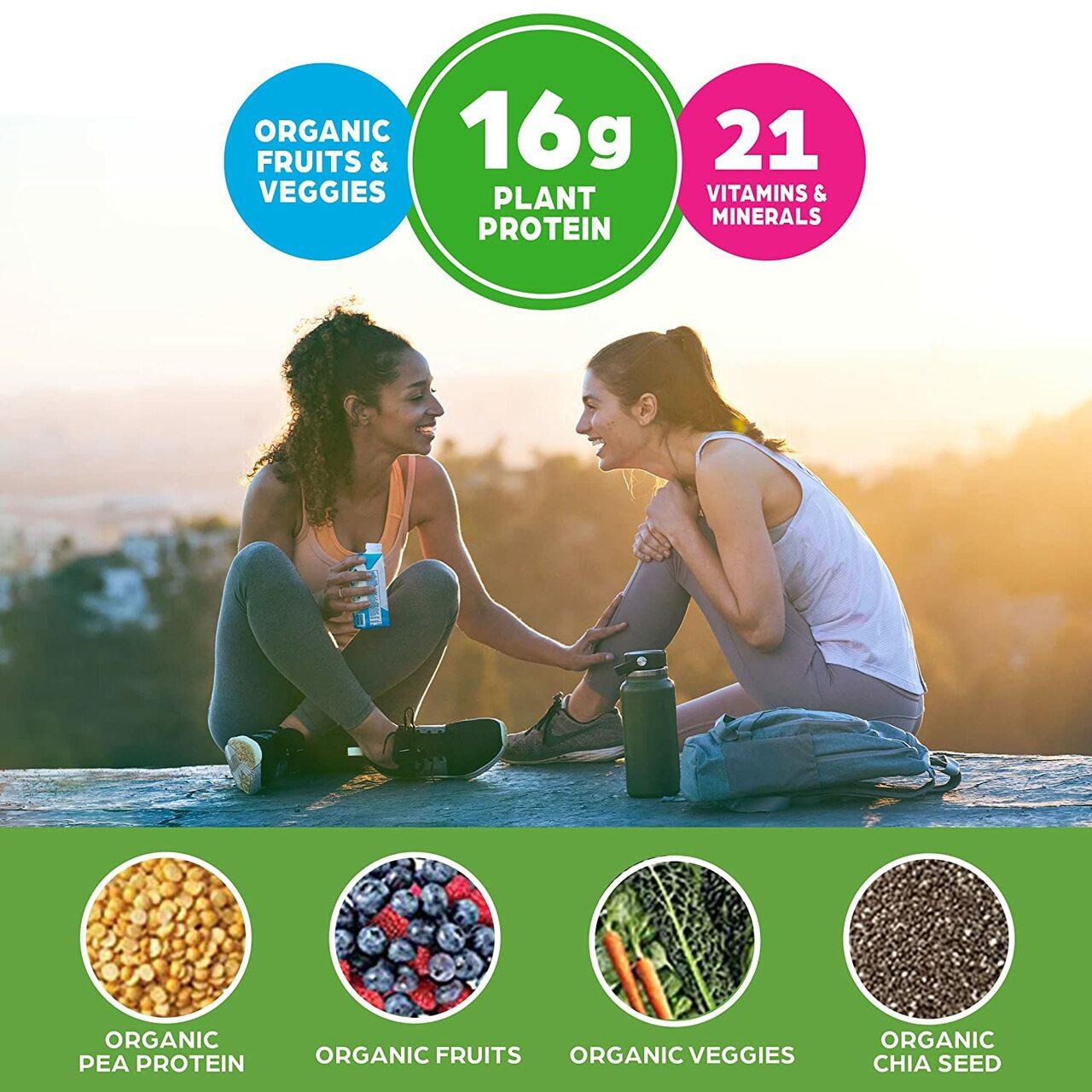 Organic plant protein shake icons: 16g plant protein and 21 vitamins & minerals