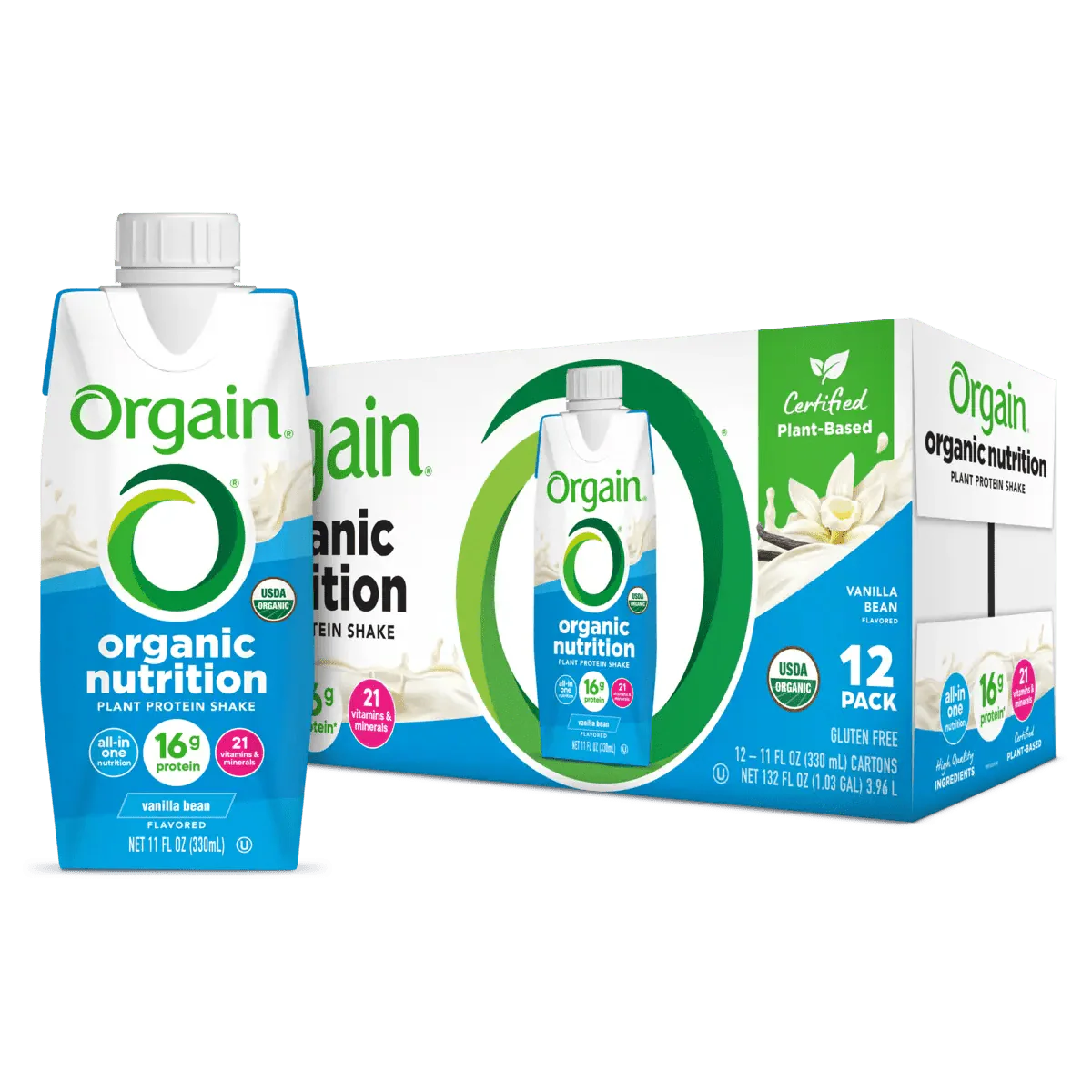 Orgain organic plant protein shake vanilla bean 12-pack carton set, front view