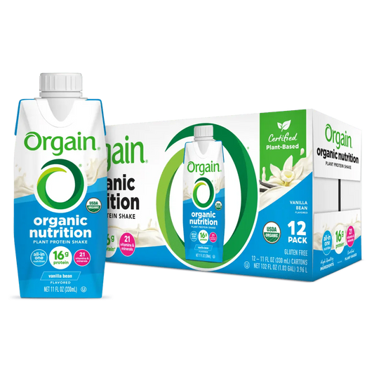 Orgain organic plant protein shake vanilla bean 12-pack carton set, front view