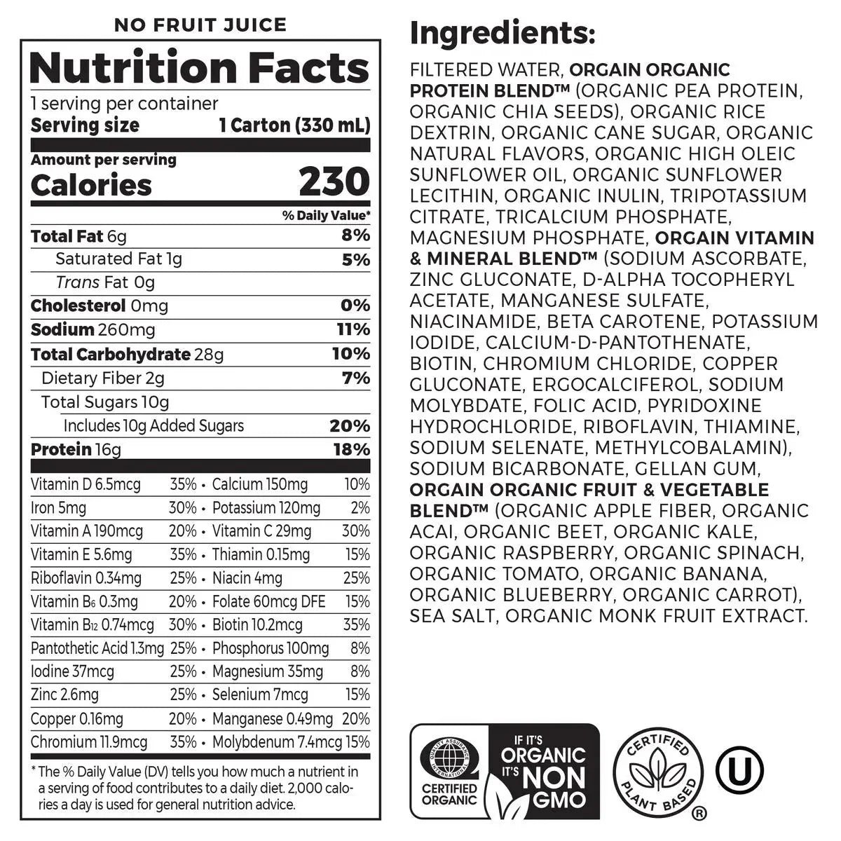Nutrition Facts and ingredients panel for organic plant protein shake, vanilla bean