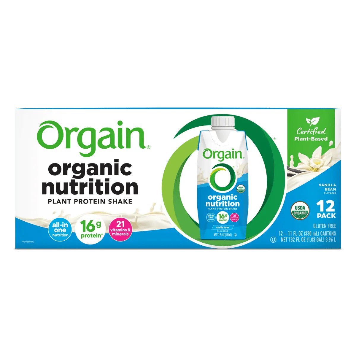 Orgain organic plant nutrition vanilla bean 12-pack carton, front panel view