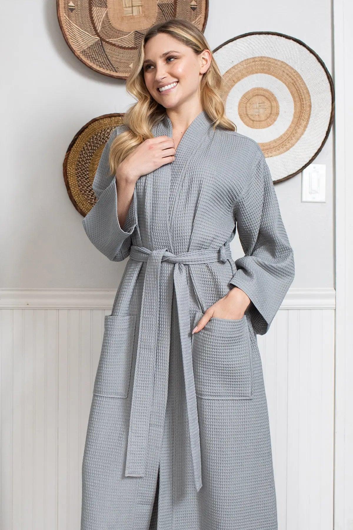 Gray waffle robe with V-neck and waist tie belt, long sleeves and midi length