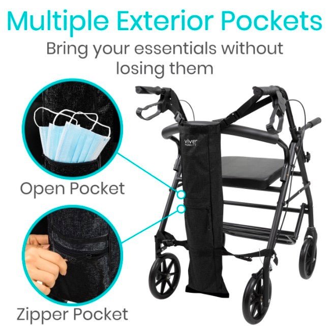 Black oxygen tank holder with open pocket and zipper pocket storage