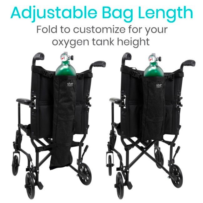 Black oxygen tank holder bag with adjustable length and mounting straps