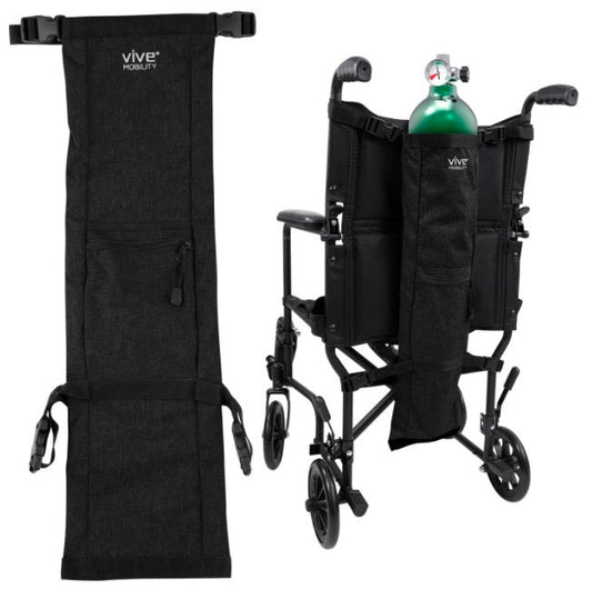 Black oxygen tank holder bag with straps and front pocket for mobility chair