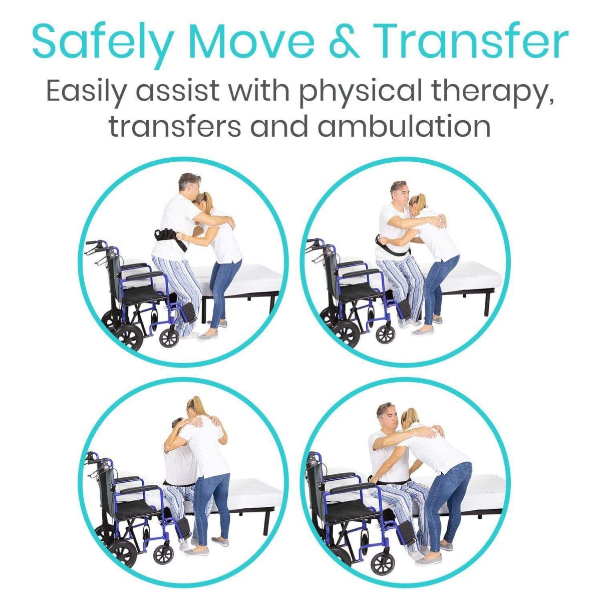 Padded transfer gait belt shown assisting wheelchair transfers in four illustrated steps