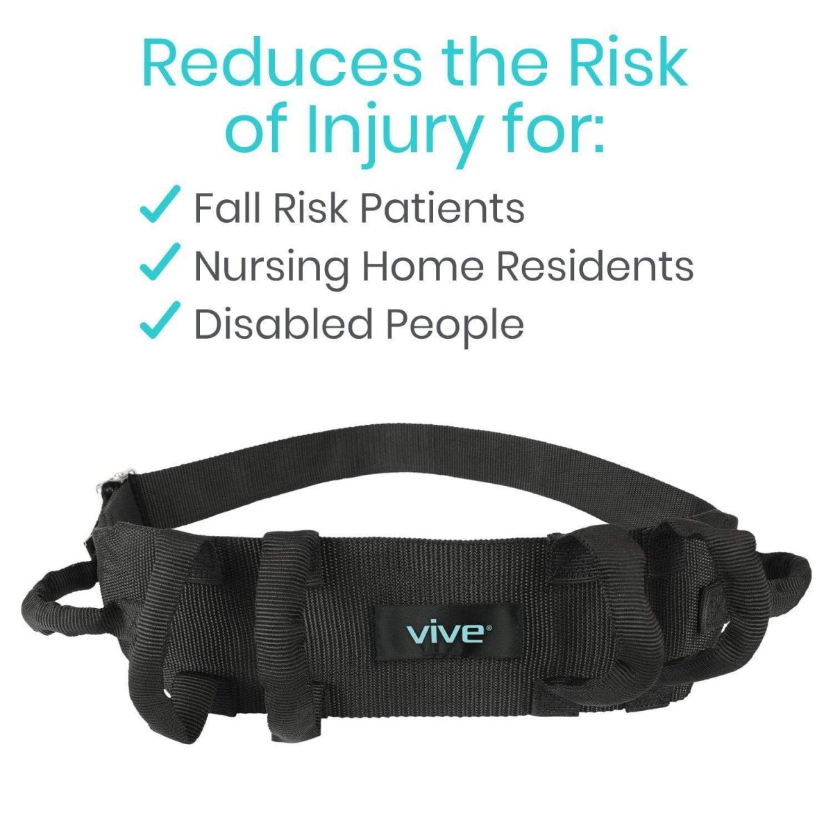 Black padded gait belt with front padding and wide waist strap, metal buckle detail