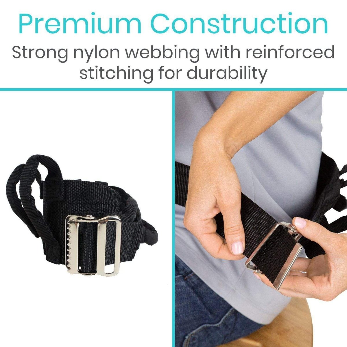 Black nylon transfer gait belt with reinforced stitching and two metal buckle ends