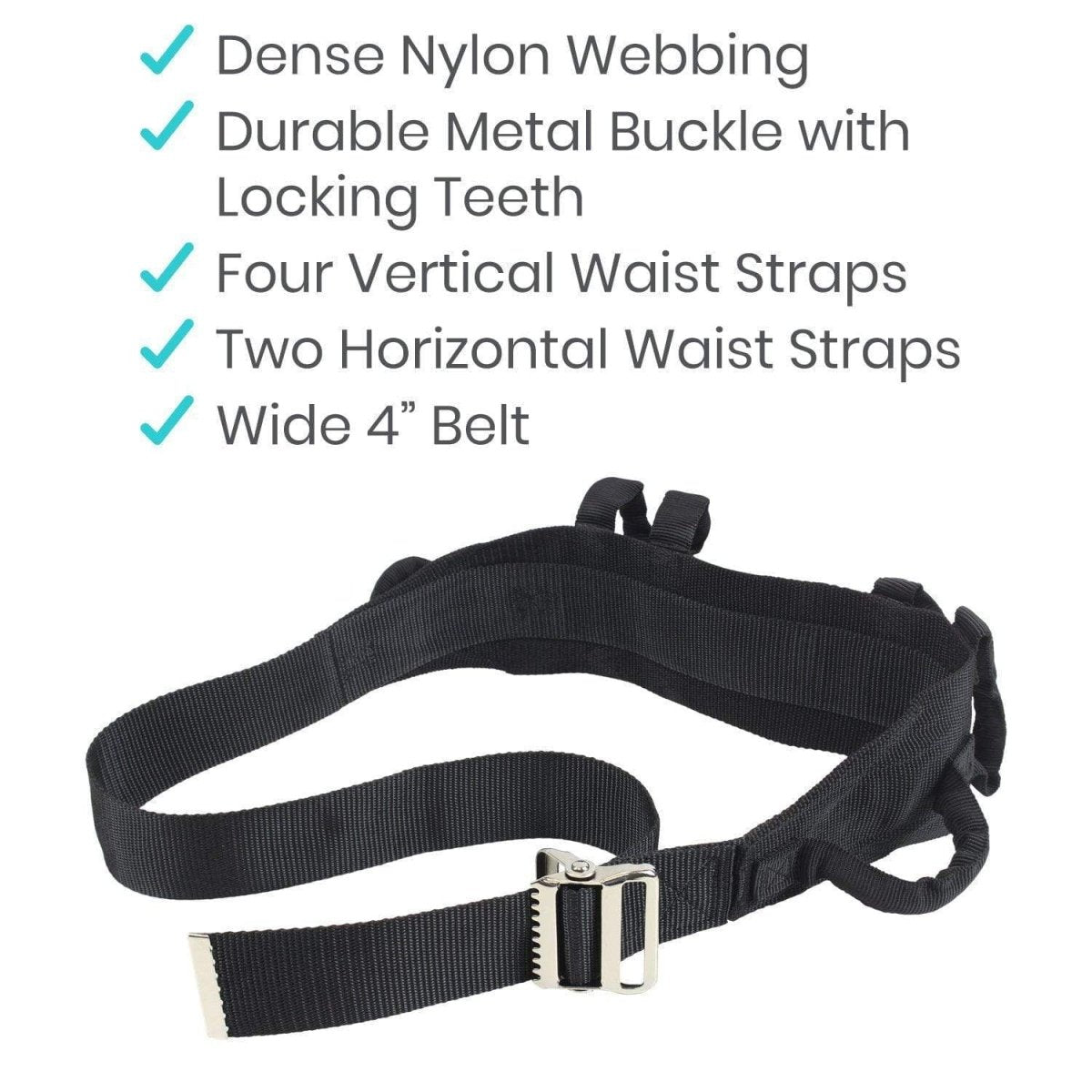 Wide black gait belt with metal buckle, dense webbing, and multiple waist straps