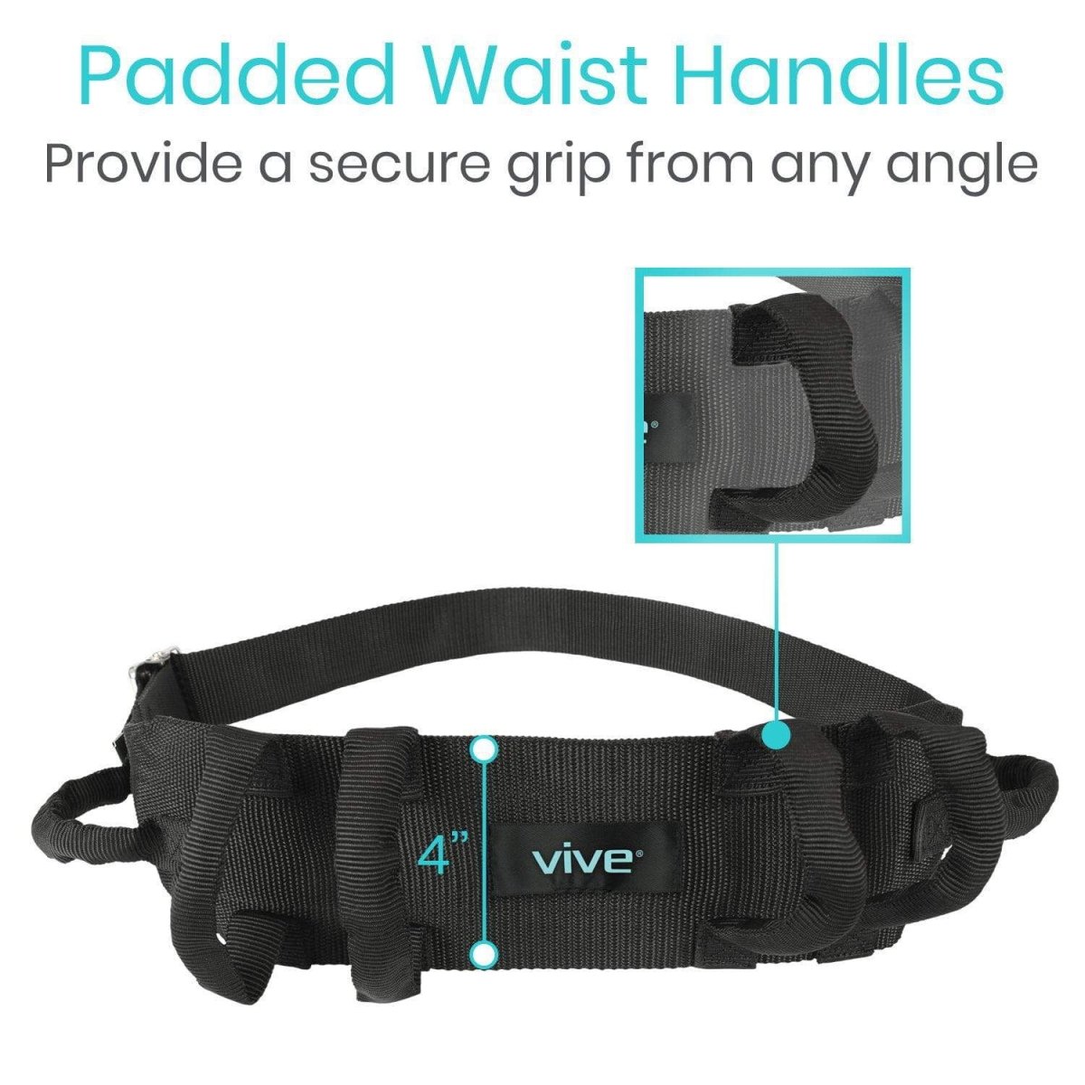Black padded waist-handles gait belt with multiple grip sections and secure center label