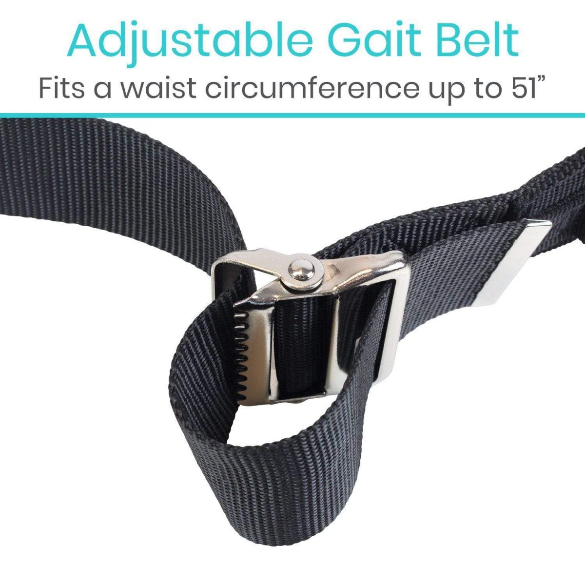 Adjustable black gait belt with metal buckle and overlapping strap ends